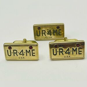 SWANK Vintage Gold-Tone "U-R-4-ME" Novelty Cufflinks and Tie Clip w/Red Crystals